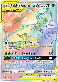 Pokemon, Team Up 182/181 Venusaur & Celebi GX Rainbow rare Tag Team Pokemon, Team Up 182/181 Venusaur & Celebi GX Rainbow rare Tag Team