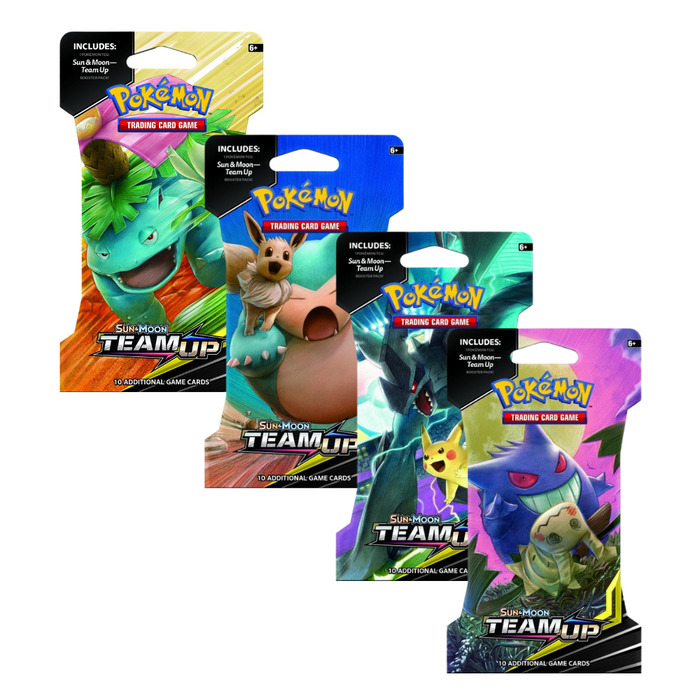 PikaShop Pokemon Team Up 4 x Booster Packs Artwork Set Cardboard Packaging PikaShop Pokemon Team Up 4 x Booster Packs Artwork Set Cardboard Packaging